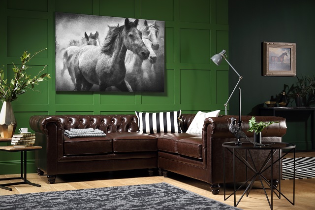 Dark brown and green living room