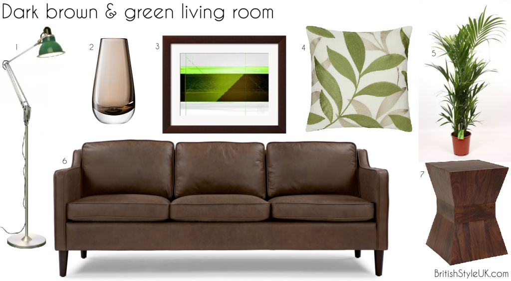 Dark brown and green living room theme