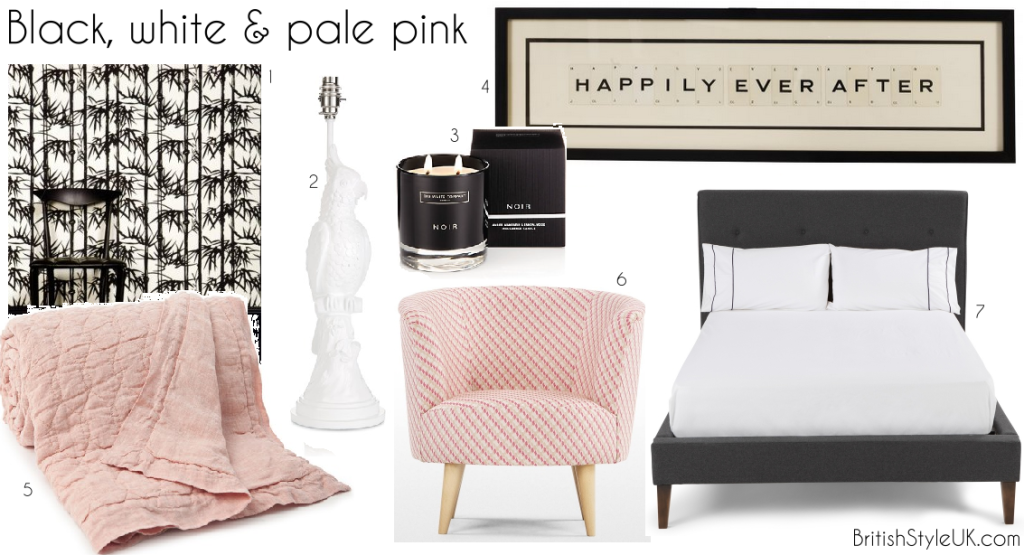 Black white pale pink bedroom