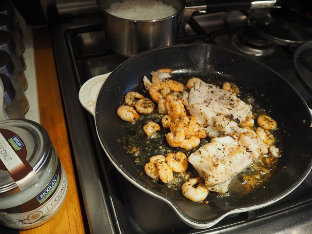 Pan-fried cod and prawns recipe