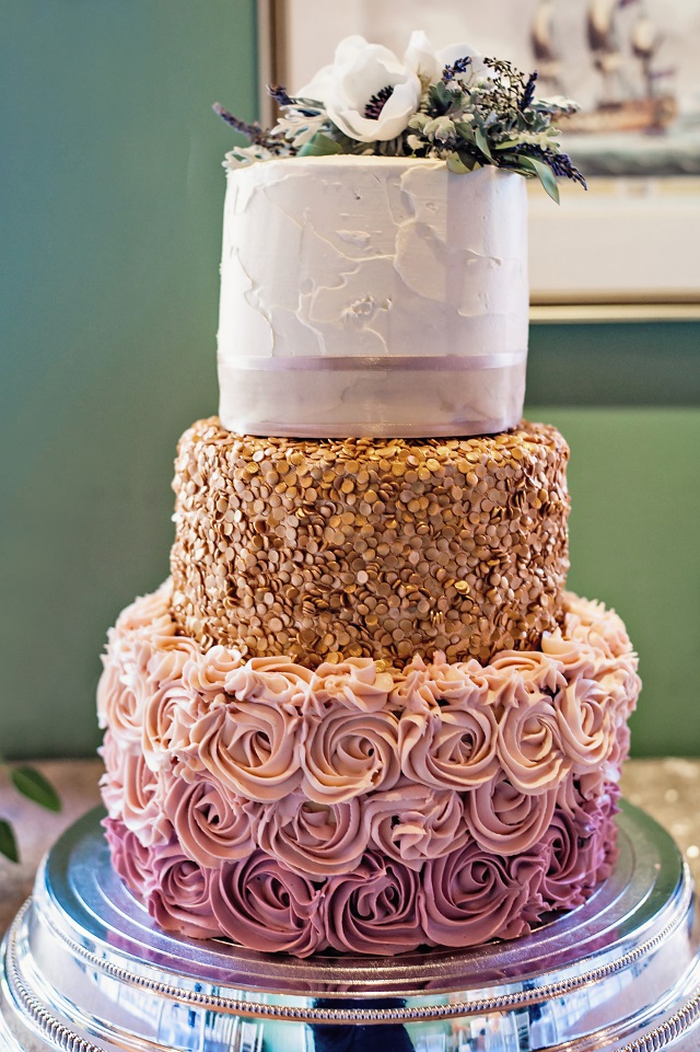 gold white and blush pink wedding cake
