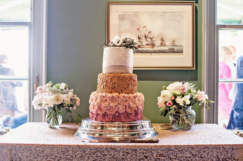 gold white and blush pink wedding cake