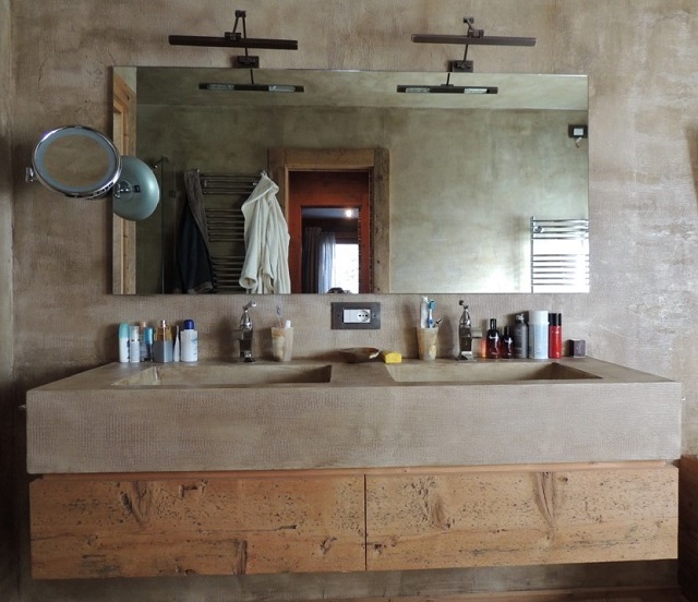 rustic wood and concrete bathroom