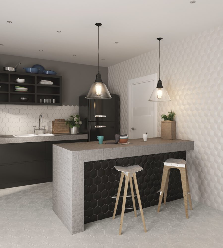 3D hexagon kitchen tiles from The Baked Tile Company