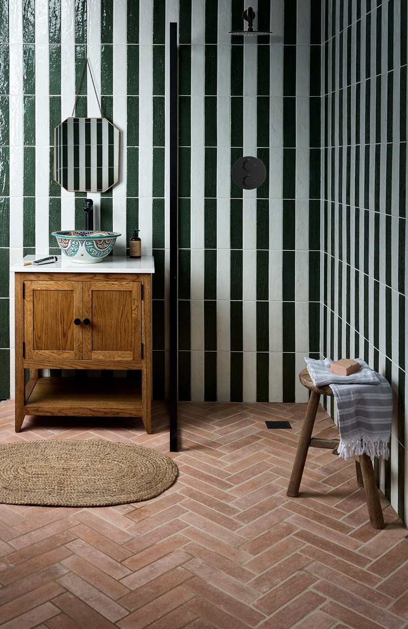 Ca Pietra, Ca Pietra Marlborough Porcelain Parquet Natural Forest Green Cotton White